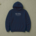 Be Still and Know Psalm 46:10 navy hoodie, flat lay