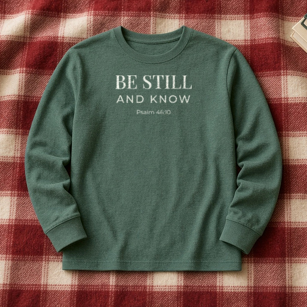 Be Still and Know Psalm 46:10 blue spruce long sleeve, flat lay