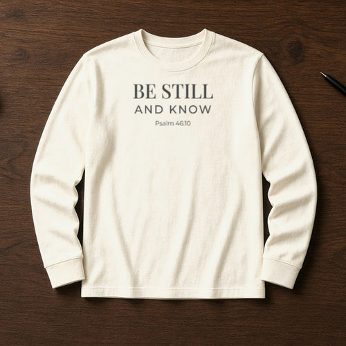 Be Still and Know Psalm 46:10 ivory long sleeve, flat lay