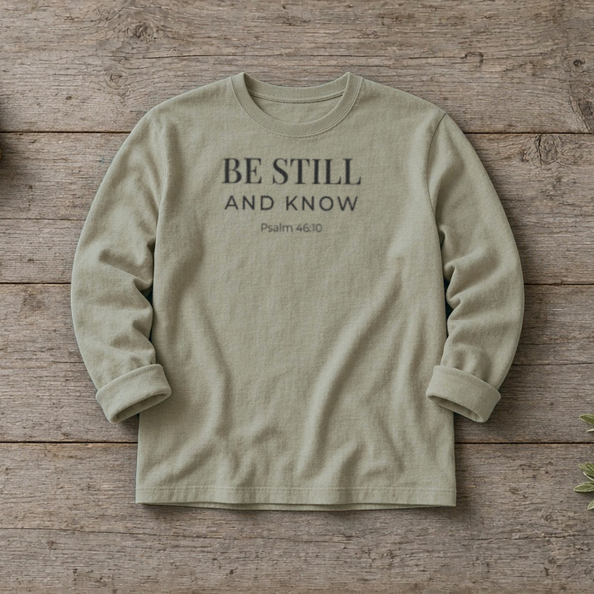 Be Still and Know Psalm 46:10 sandstone long sleeve, flat lay