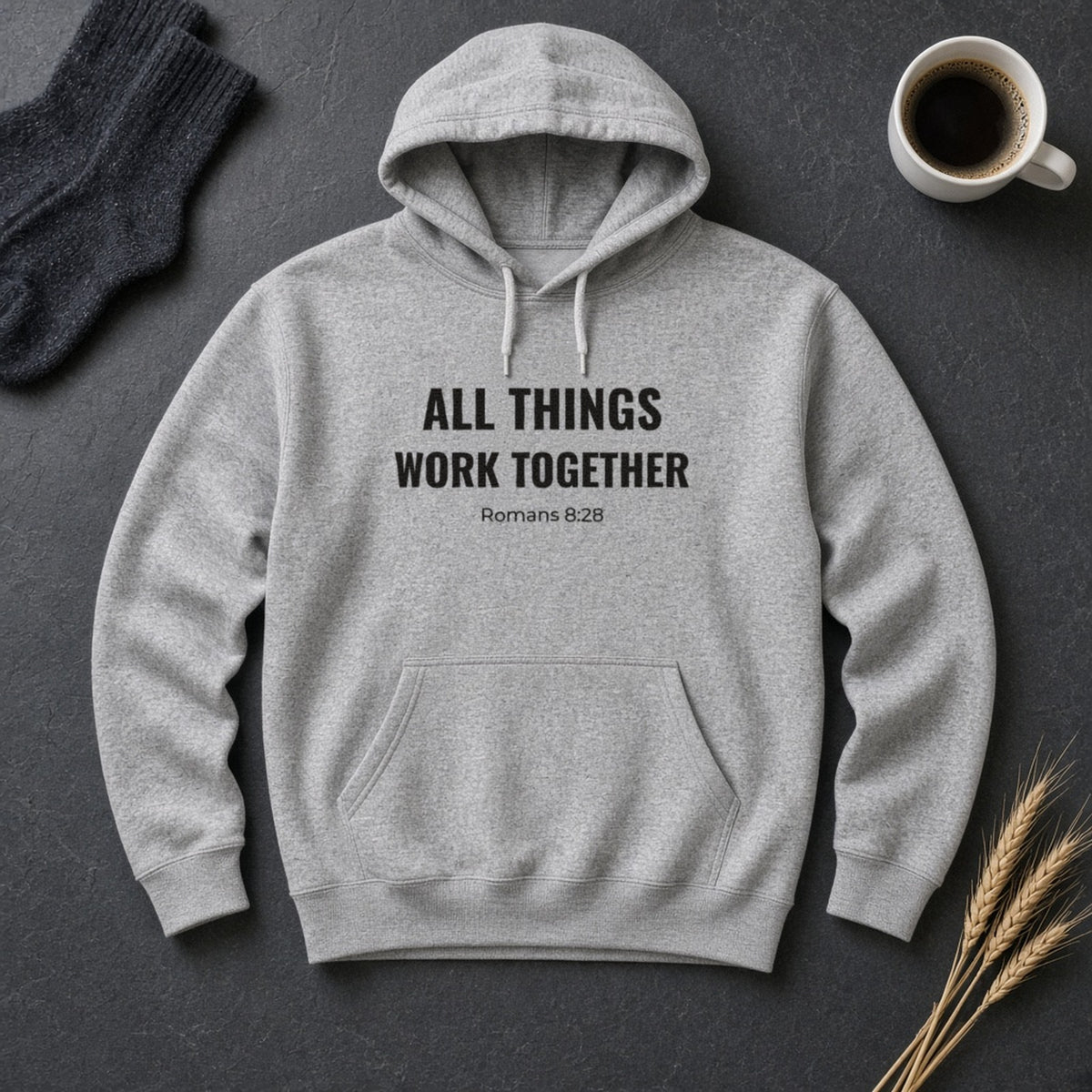 All Things Work Together Romans 8:28 sport grey hoodie, flat lay