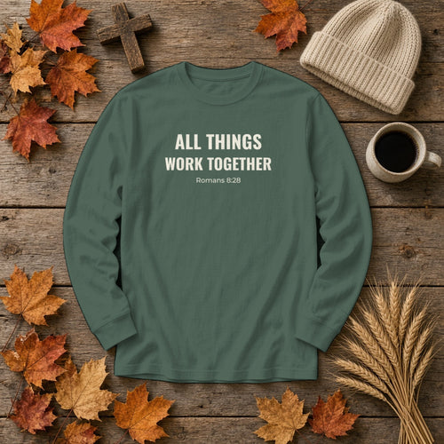 All Things Work Together Romans 8:28 blue spruce long sleeve tee, flat lay