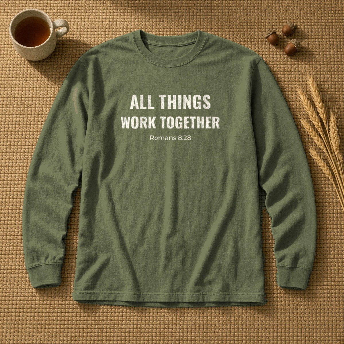 All Things Work Together Romans 8:28 hemp long sleeve tee, flat lay