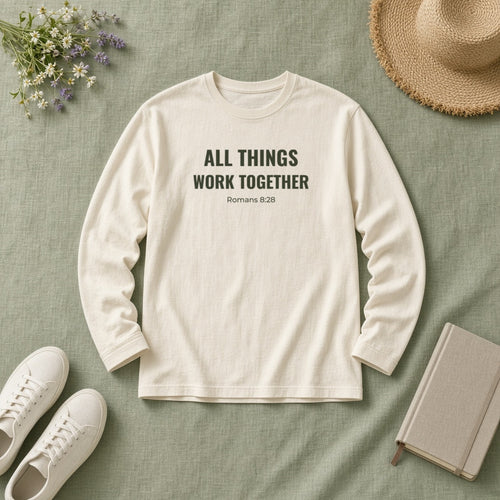 All Things Work Together Romans 8:28 ivory long sleeve tee, flat lay
