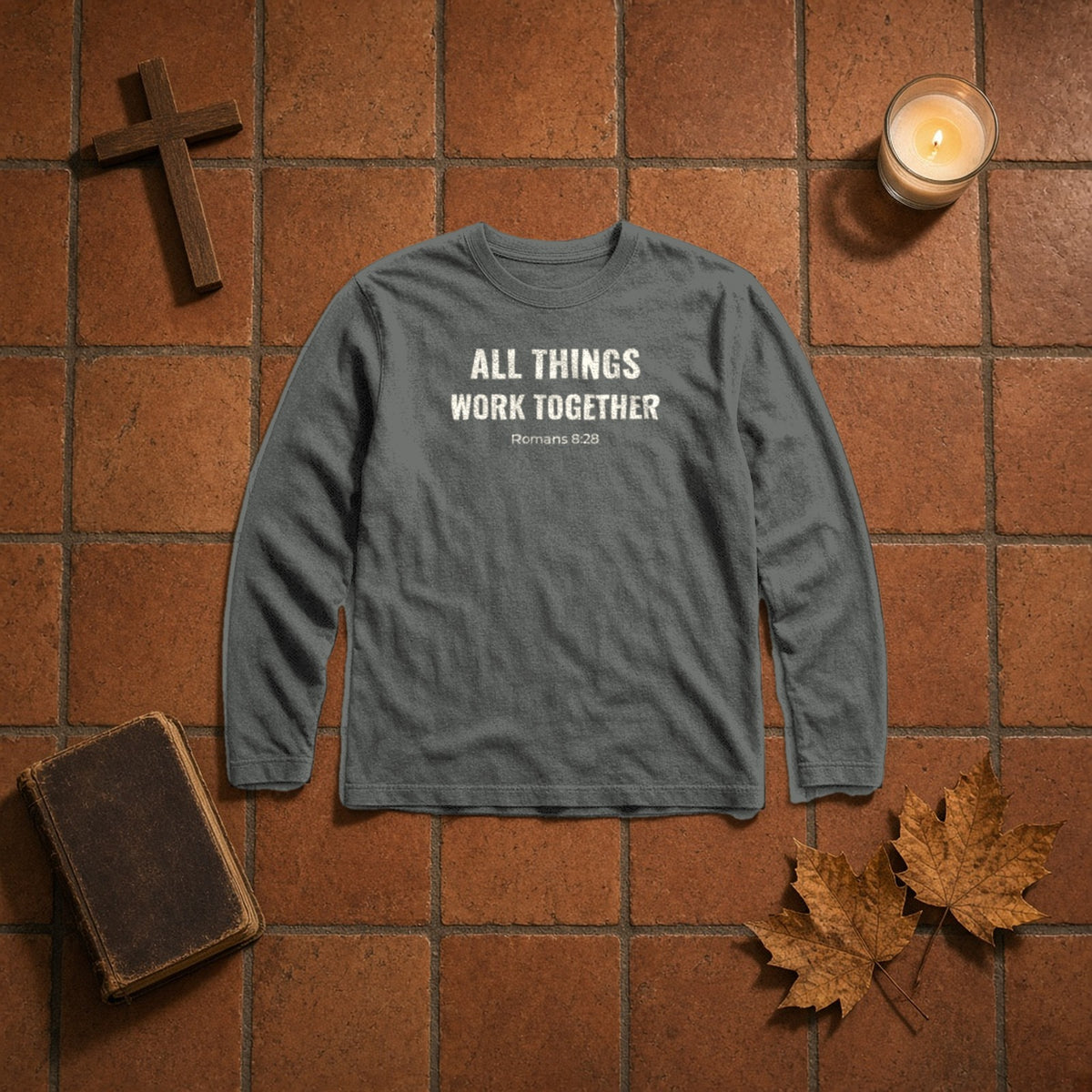All Things Work Together Romans 8:28 pepper long sleeve tee, flat lay