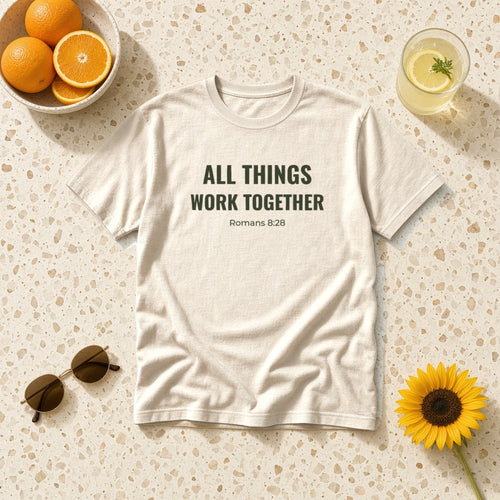 All Things Work Together Romans 8:28 ivory tee, flat lay