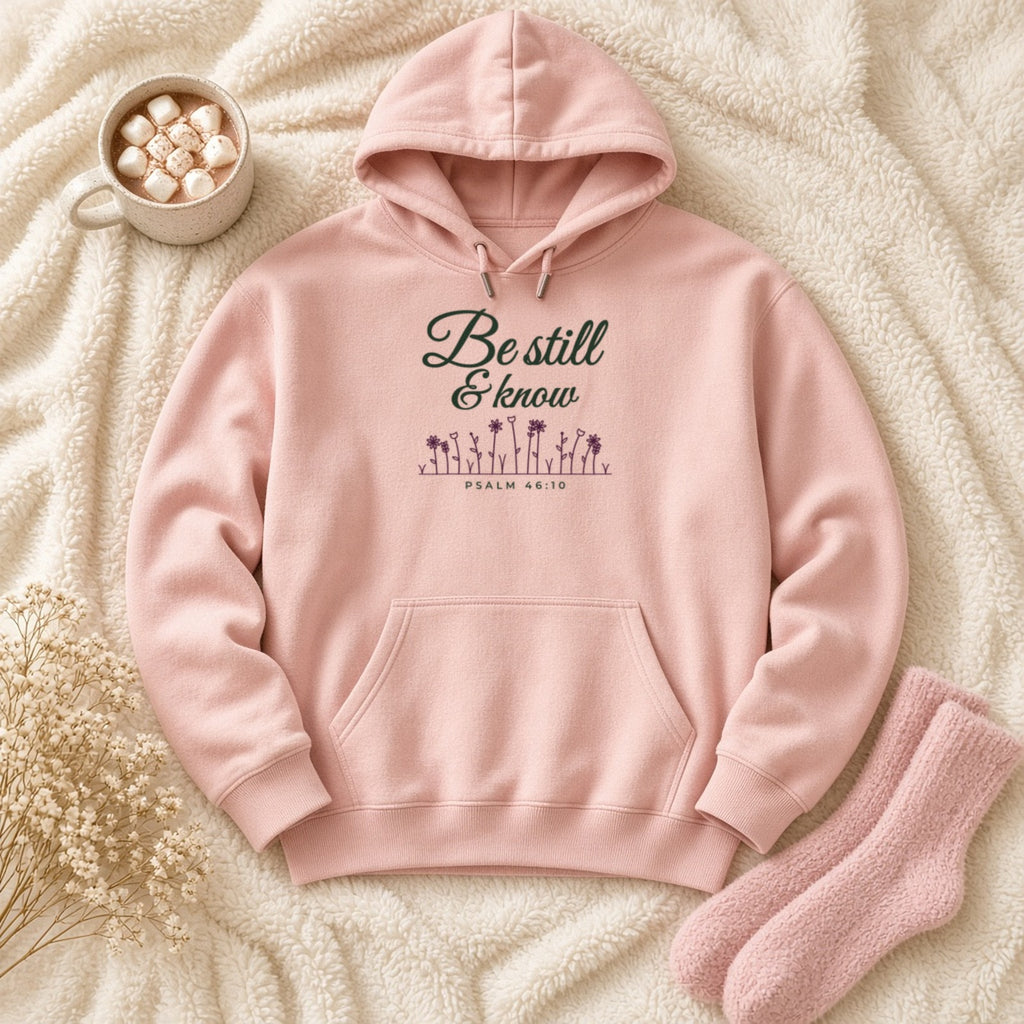 Be Still & Know Wildflower Psalm 46:10 Christian hoodie in light pink, styled flat lay