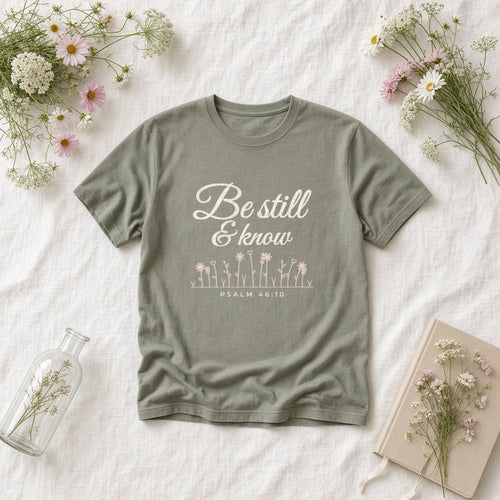 Be Still & Know Wildflower Psalm 46:10 Christian tee in sage, styled flat lay