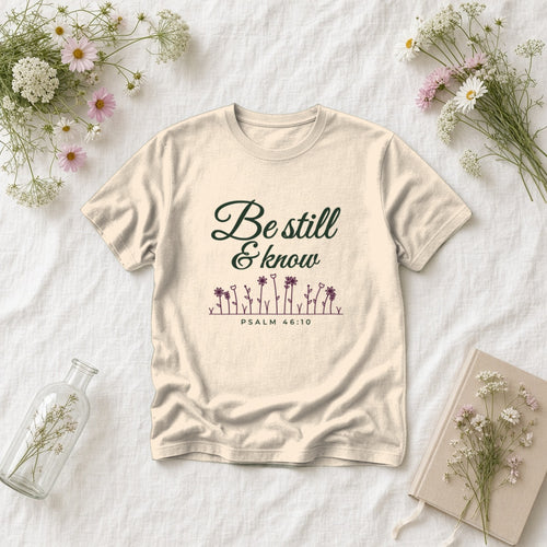 Be Still & Know Wildflower Psalm 46:10 Christian tee in ivory, styled flat lay