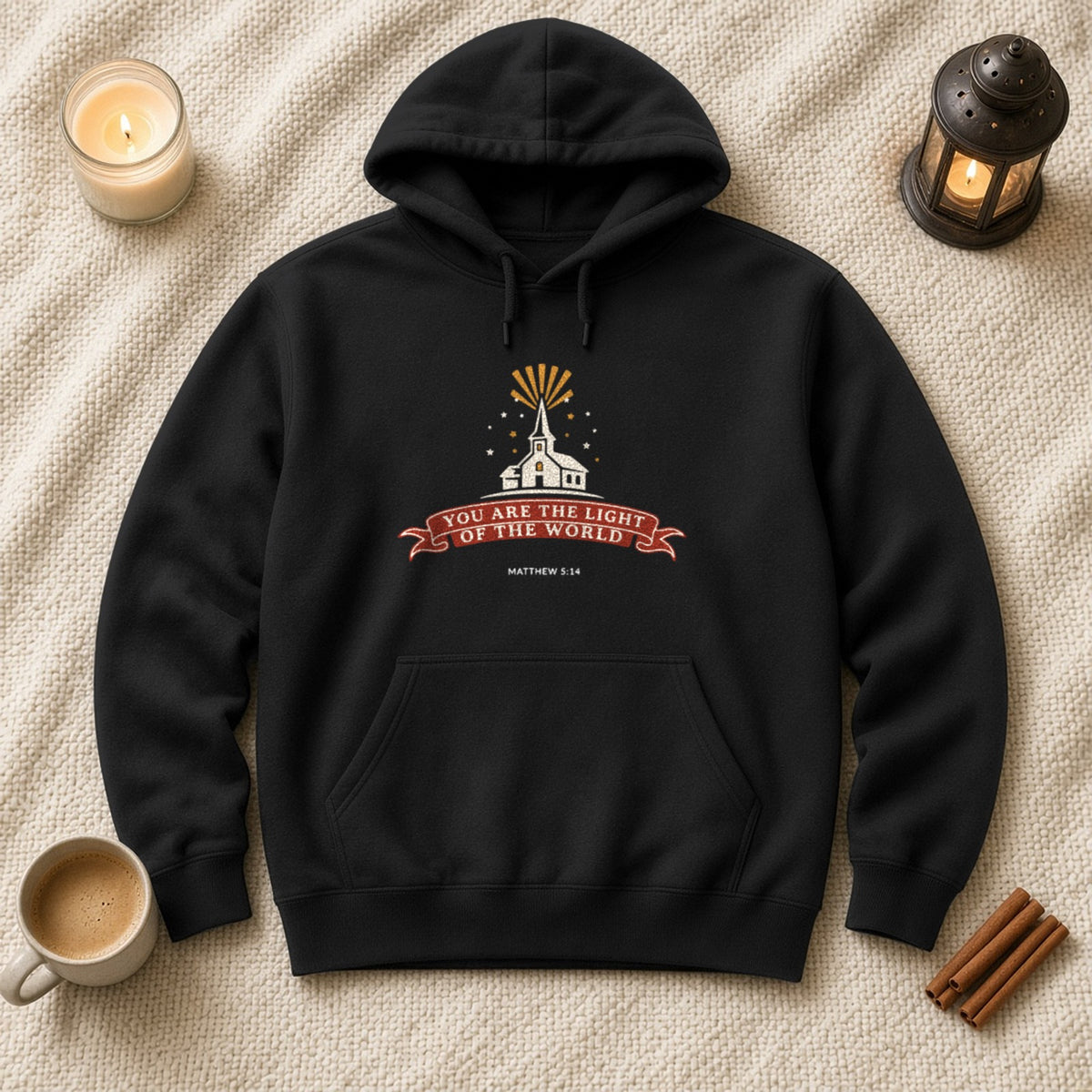 City on a Hill Matthew 5:14 black hoodie, flat lay