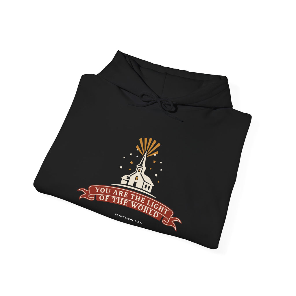 City on a Hill Matthew 5:14 hoodie in black, folded mockup