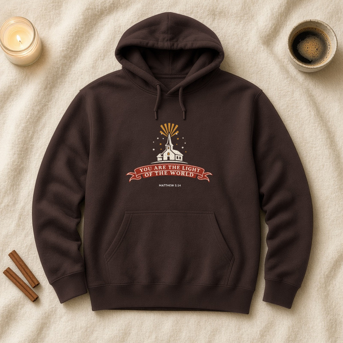 City on a Hill Matthew 5:14 dark chocolate hoodie, flat lay