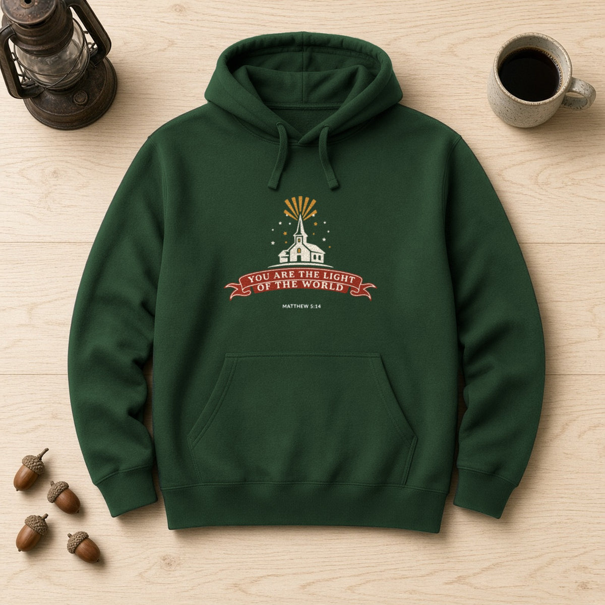 City on a Hill Matthew 5:14 forest green hoodie, flat lay