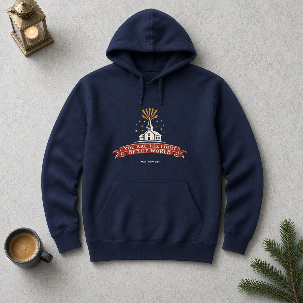 City on a Hill Matthew 5:14 navy hoodie, flat lay