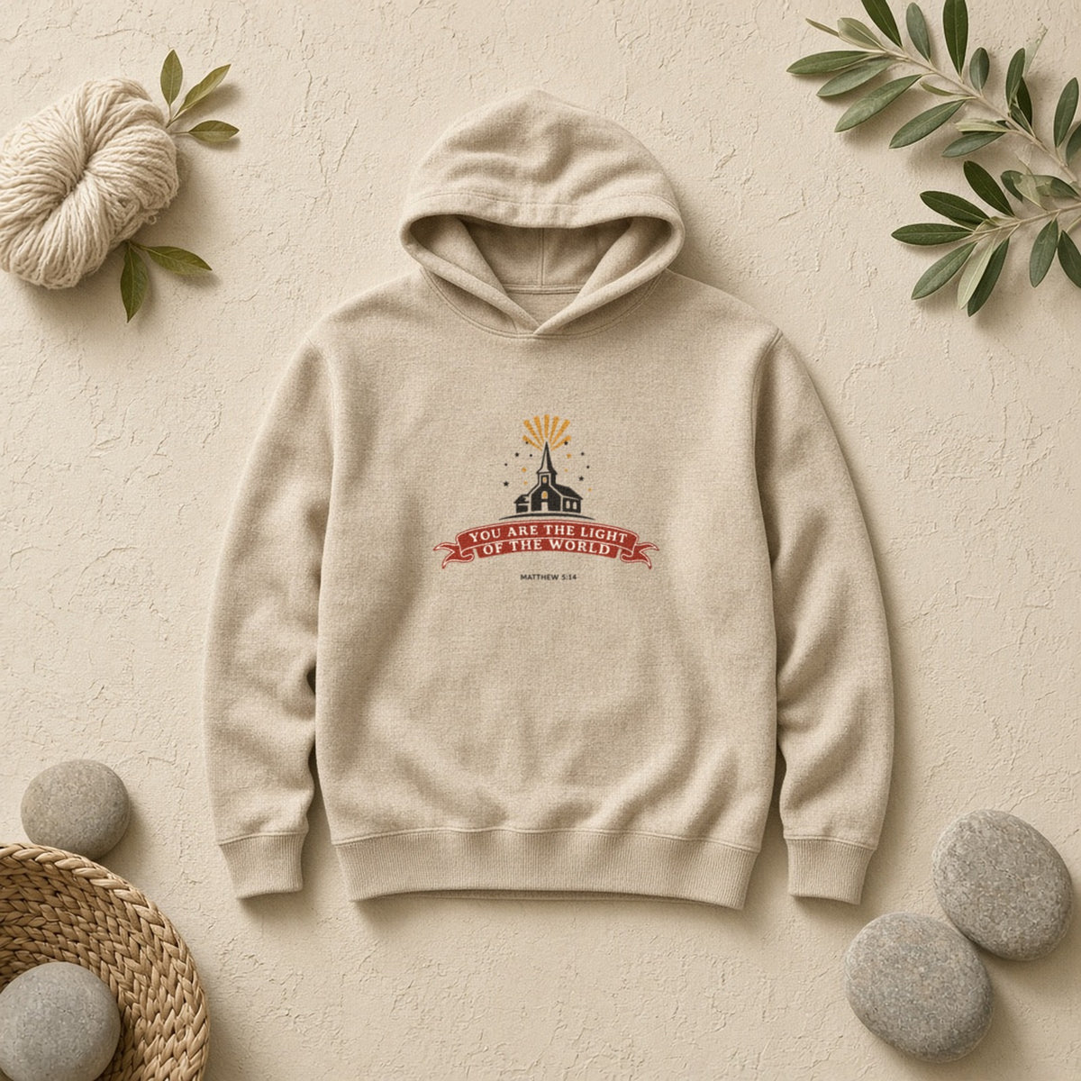 City on a Hill hoodie in Sand, flat lay