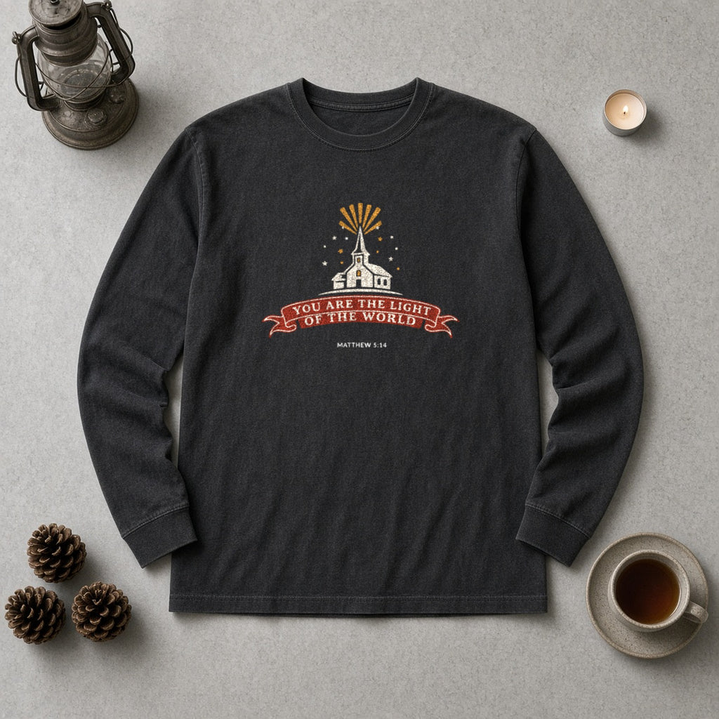 City on a Hill Matthew 5:14 black long sleeve tee, flat lay