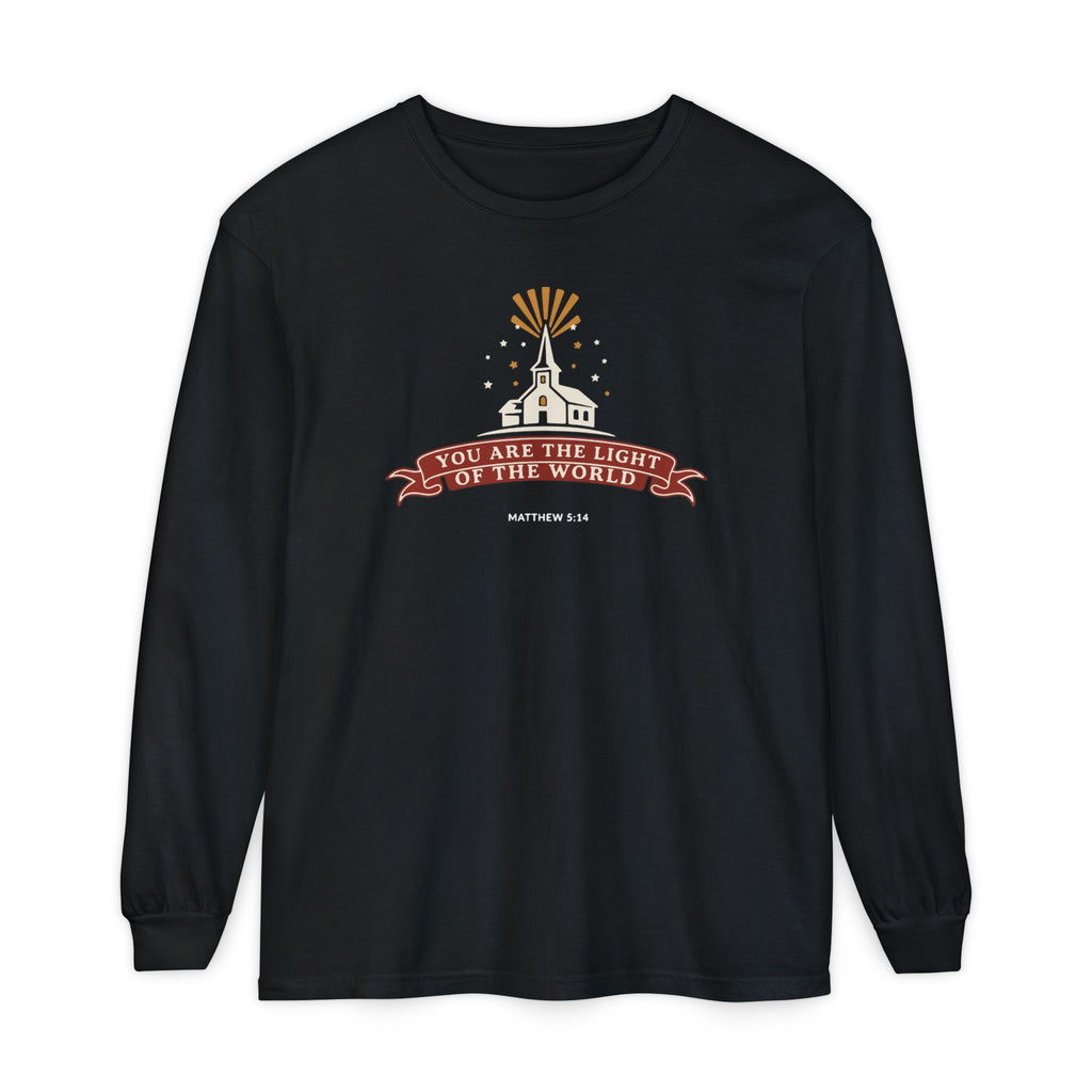 City on a Hill Matthew 5:14 long sleeve tee in black, front mockup