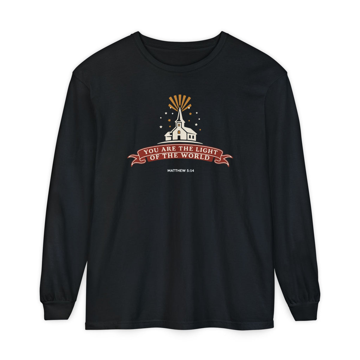 City on a Hill Matthew 5:14 long sleeve tee in black, front mockup
