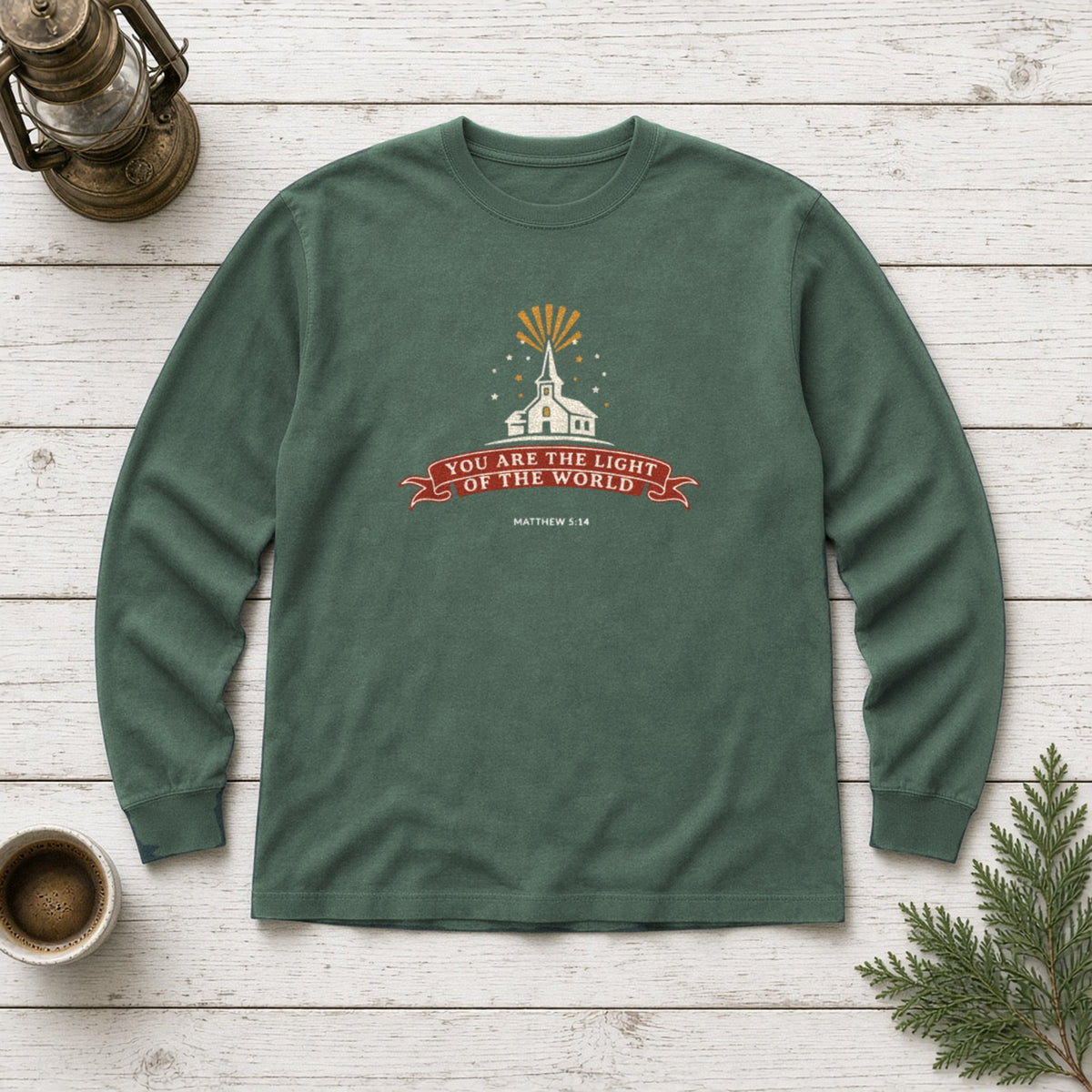 City on a Hill Matthew 5:14 blue spruce long sleeve tee, flat lay