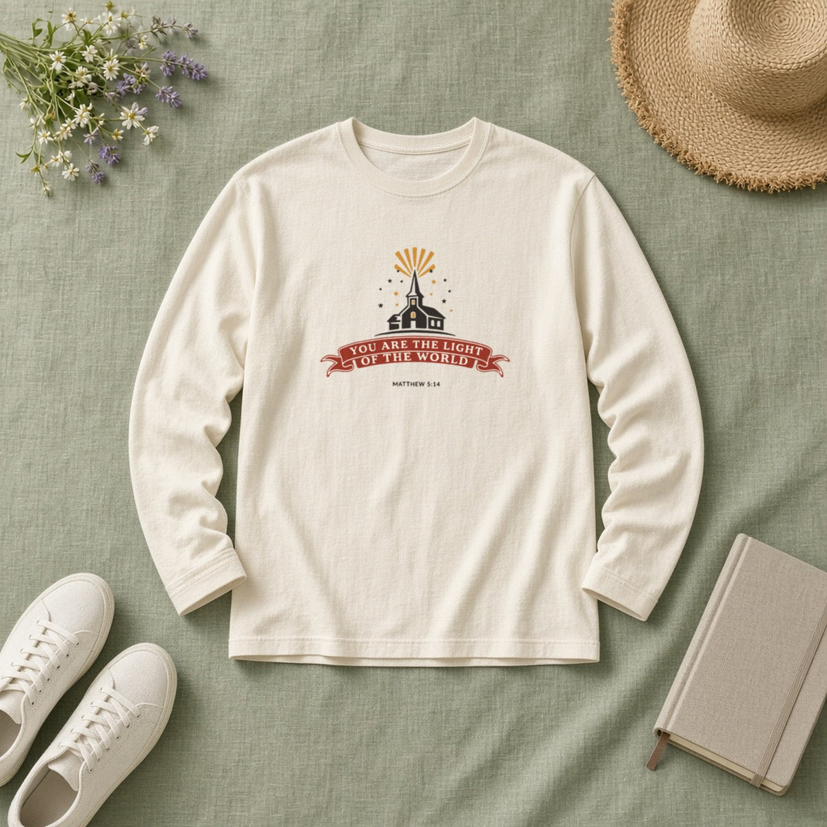 City on a Hill long sleeve tee in Ivory, flat lay