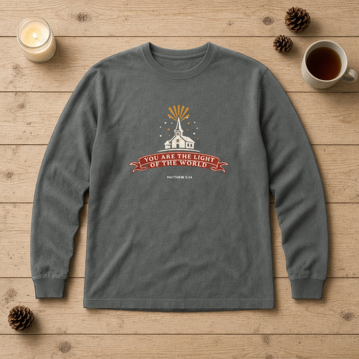 City on a Hill Matthew 5:14 pepper long sleeve tee, flat lay