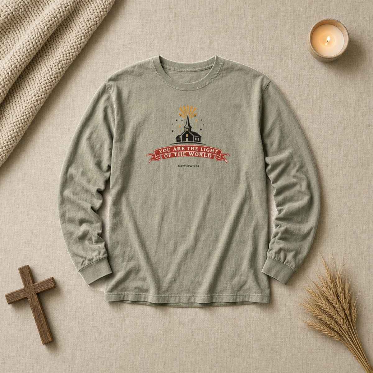 City on a Hill long sleeve tee in Sandstone, flat lay