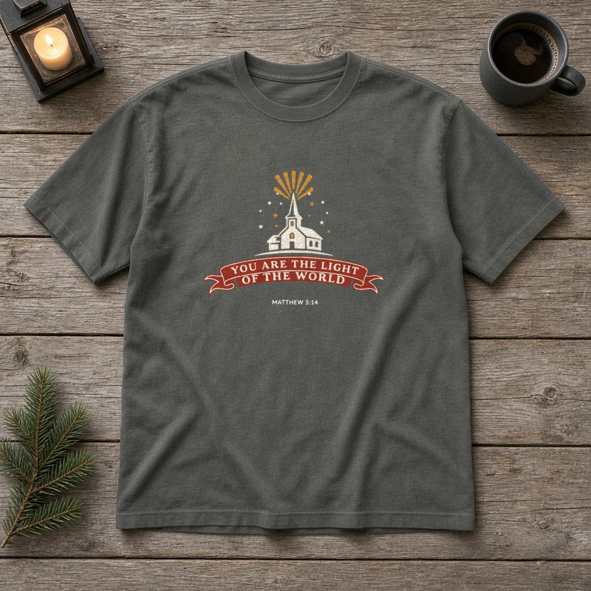 City on a Hill Matthew 5:14 pepper tee, flat lay