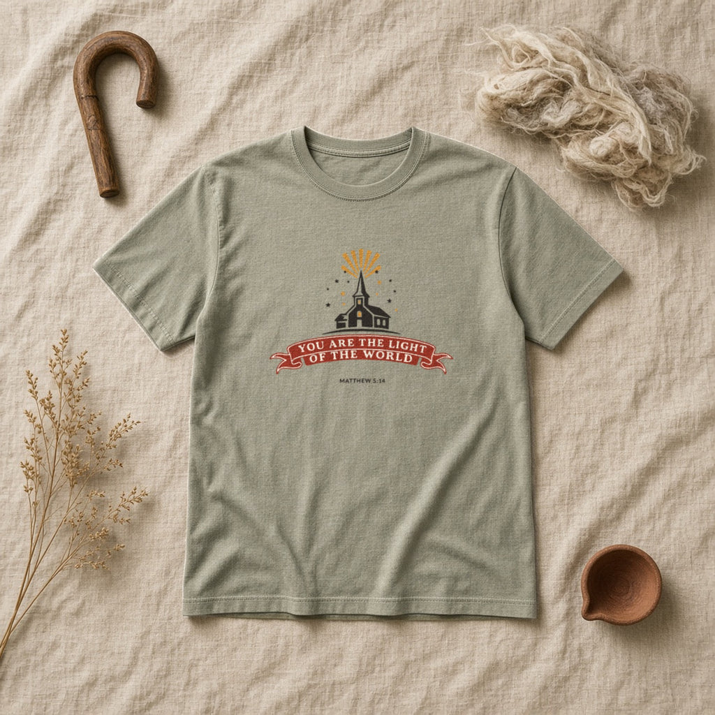 City on a Hill tee in Sandstone, flat lay
