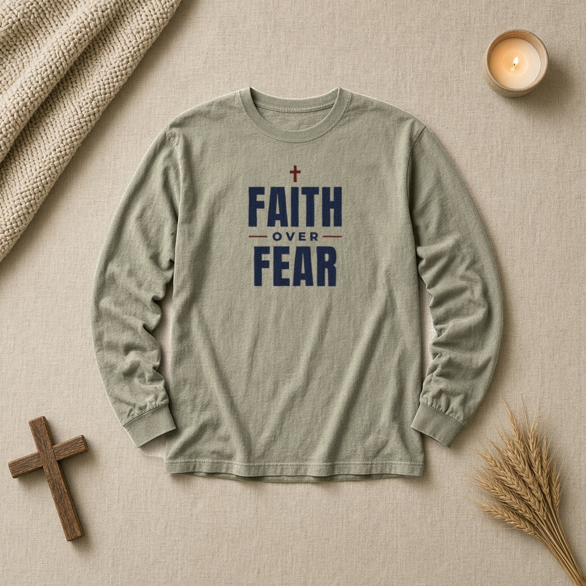 Faith Over Fear Christian long sleeve tee in sandstone, styled flat lay