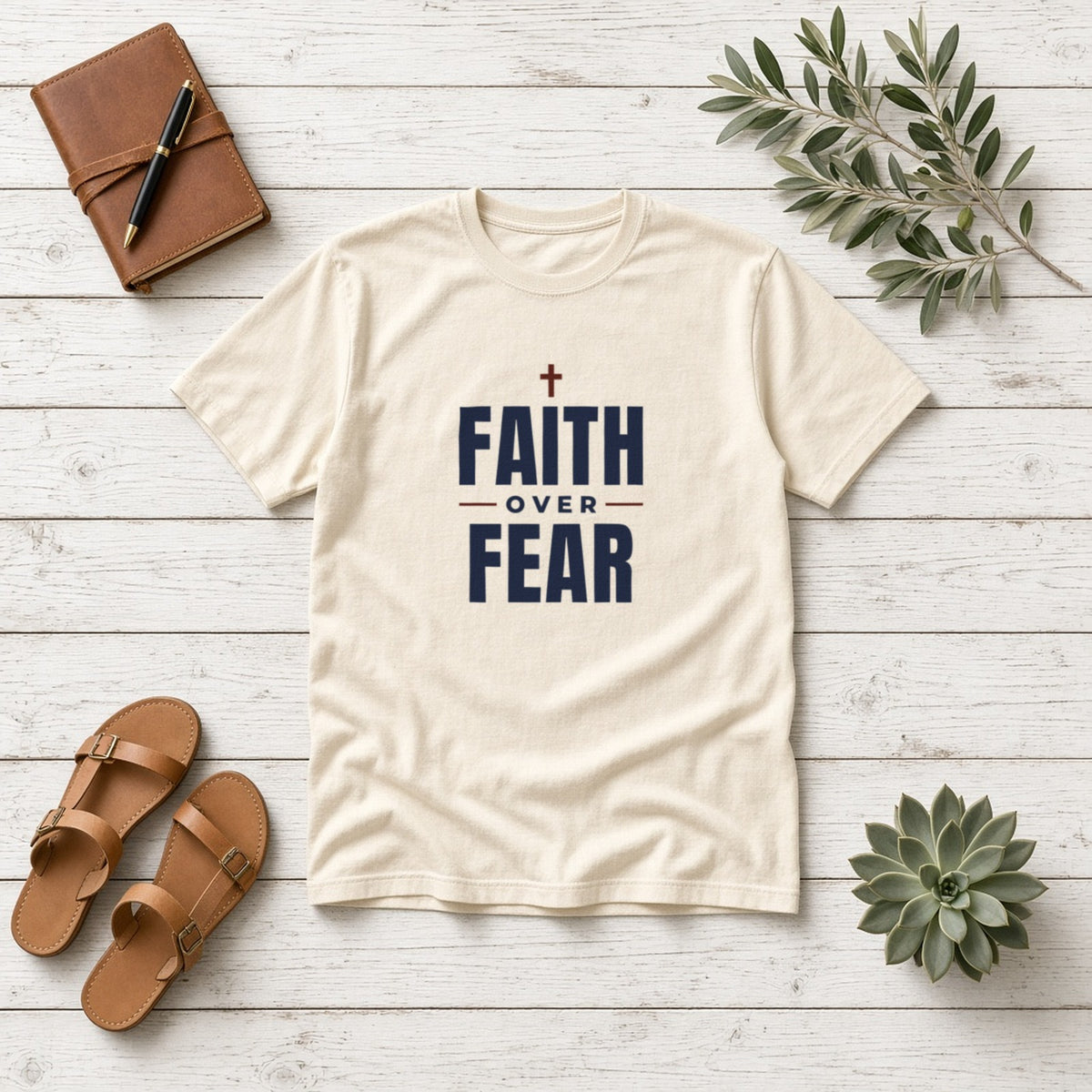 Faith Over Fear Christian tee in ivory, styled flat lay