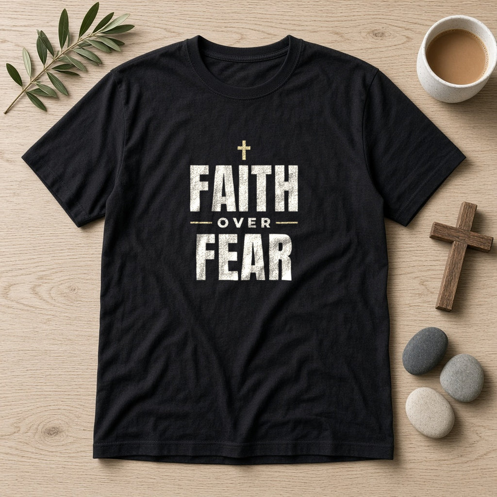 Faith Over Fear Christian tee in black, styled flat lay