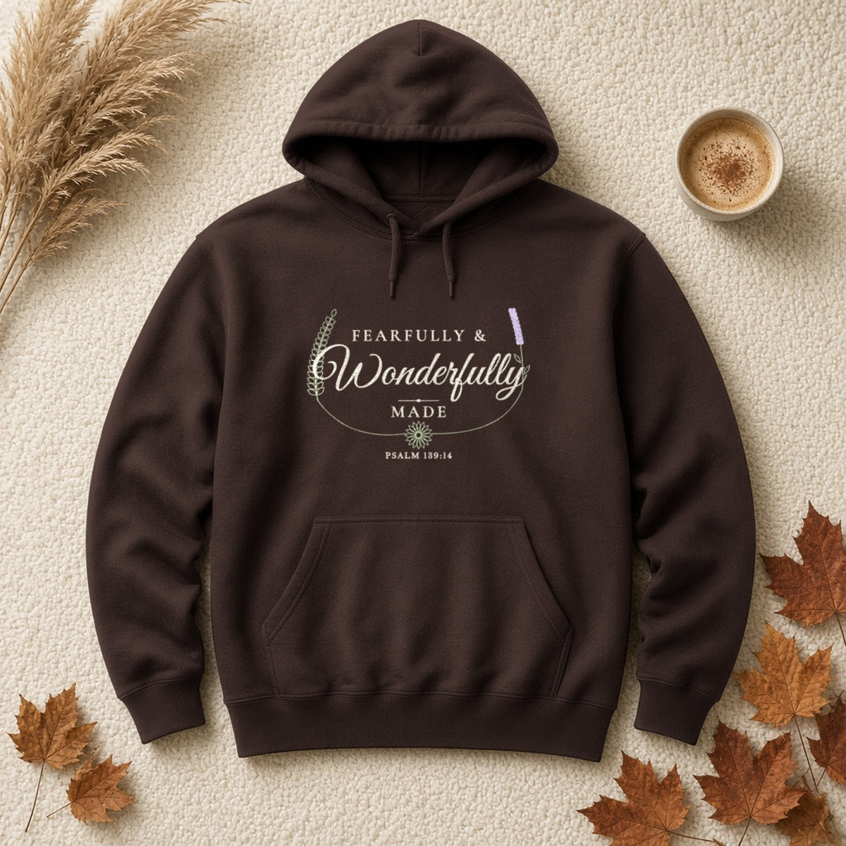 Fearfully & Wonderfully Made Psalm 139:14 dark chocolate hoodie, flat lay