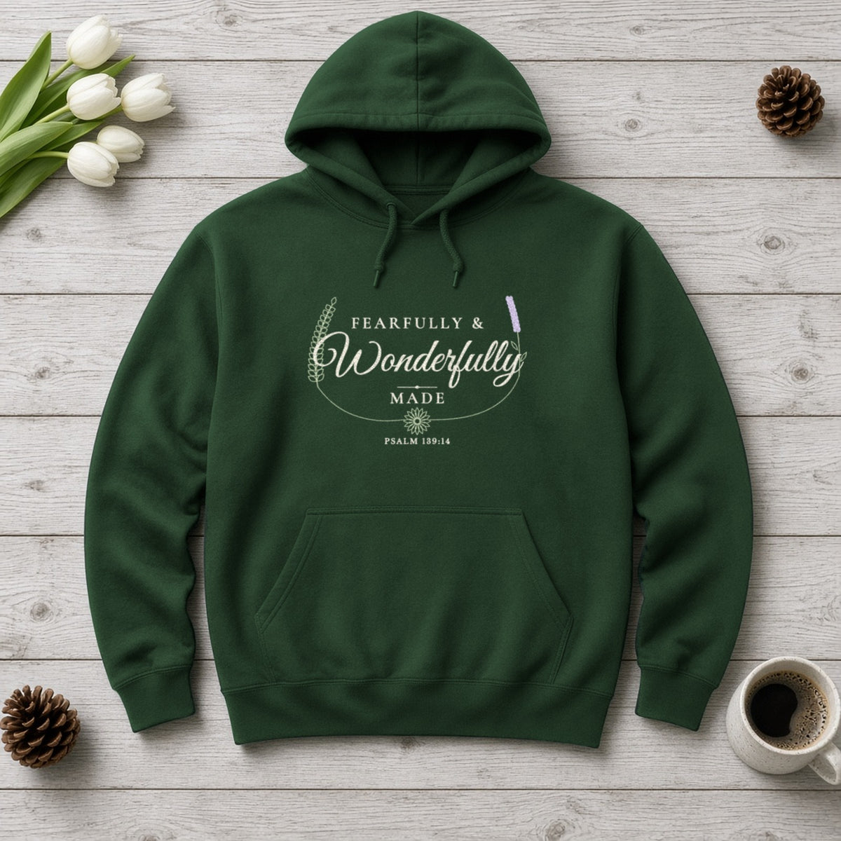 Fearfully & Wonderfully Made Psalm 139:14 forest green hoodie, flat lay