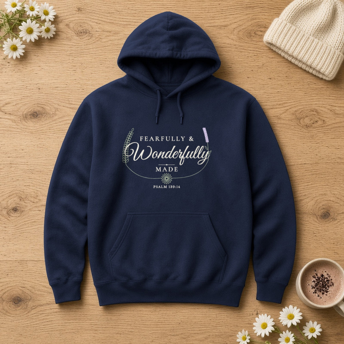 Fearfully & Wonderfully Made Psalm 139:14 navy hoodie, flat lay