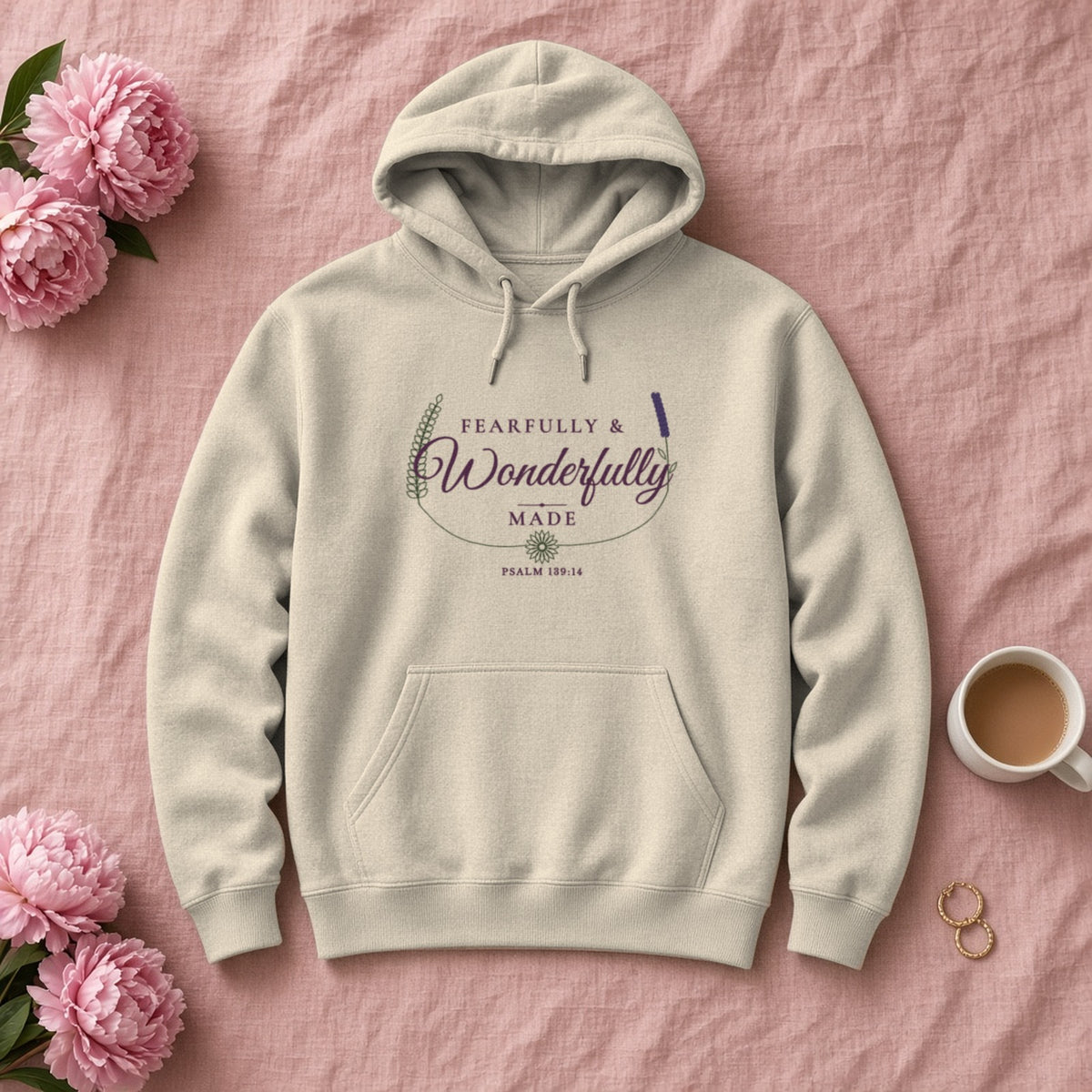 Fearfully & Wonderfully Made Psalm 139:14 sand hoodie, flat lay