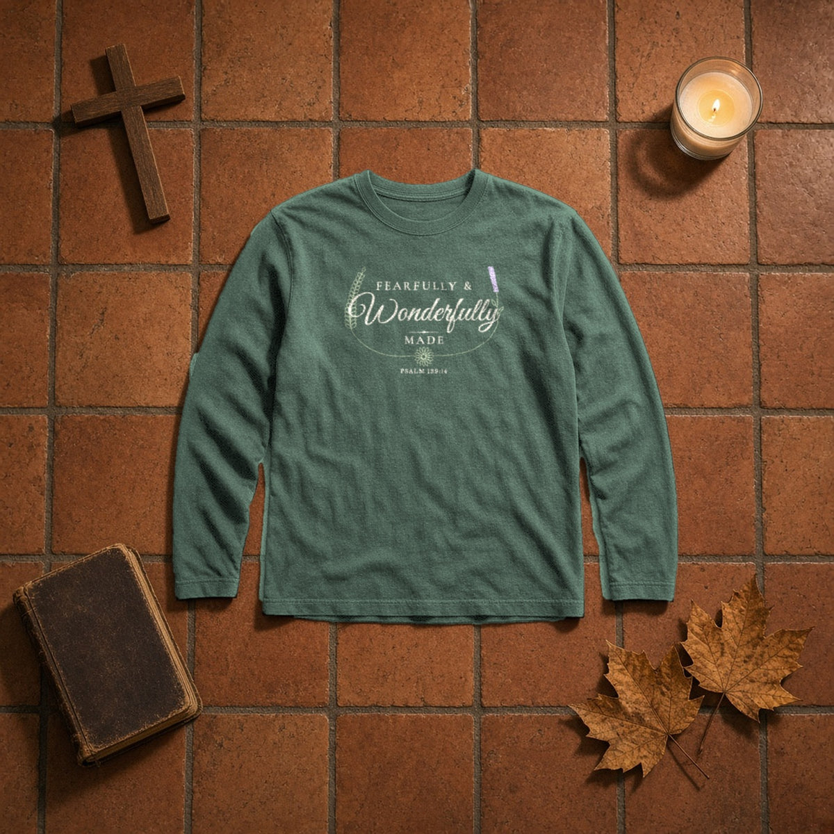 Fearfully & Wonderfully Made Psalm 139:14 blue spruce long sleeve tee, flat lay