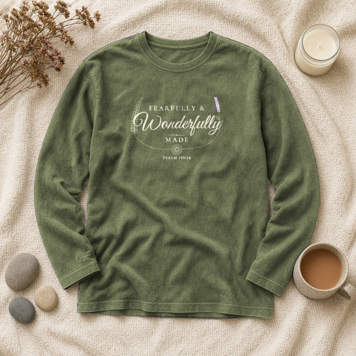 Fearfully & Wonderfully Made Psalm 139:14 hemp long sleeve tee, flat lay