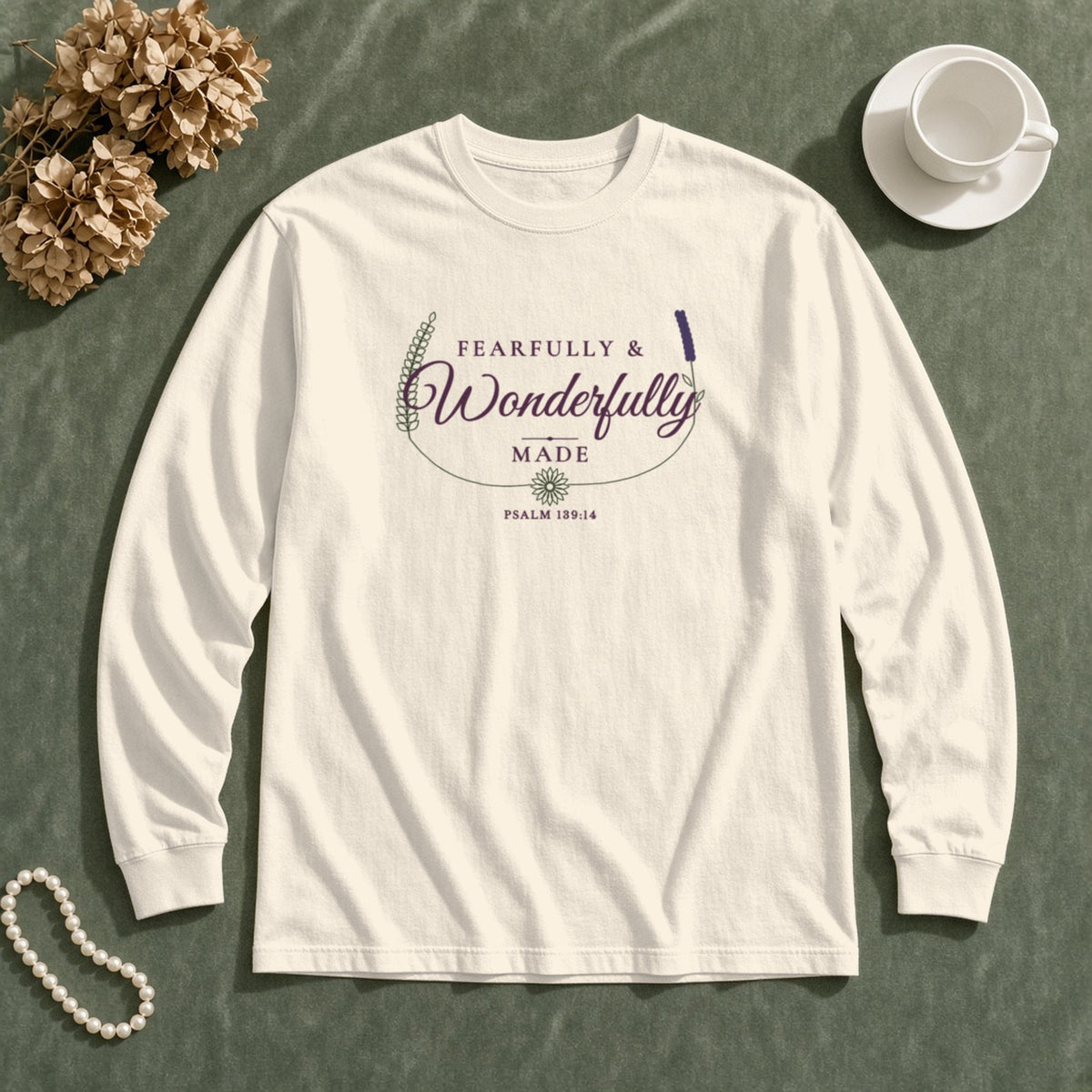 Fearfully & Wonderfully Made Psalm 139:14 ivory long sleeve tee, flat lay