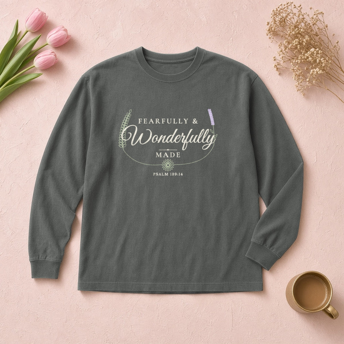Fearfully & Wonderfully Made Psalm 139:14 pepper long sleeve tee, flat lay
