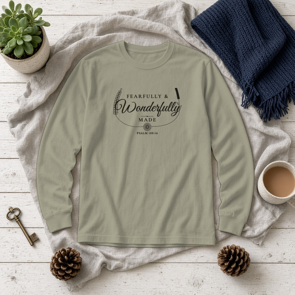 Fearfully & Wonderfully Made Psalm 139:14 sandstone long sleeve tee, flat lay