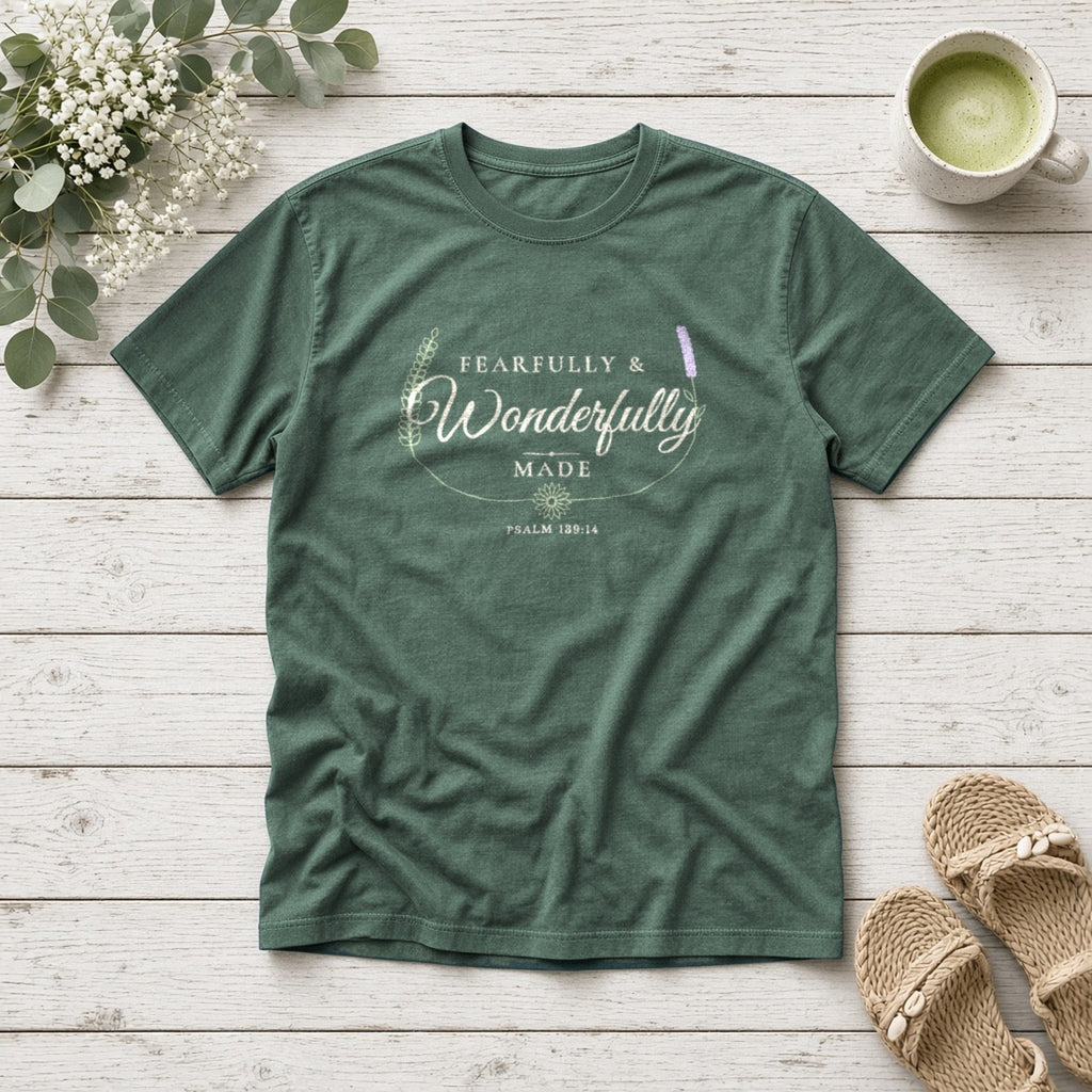 Fearfully & Wonderfully Made Psalm 139:14 blue spruce tee, flat lay