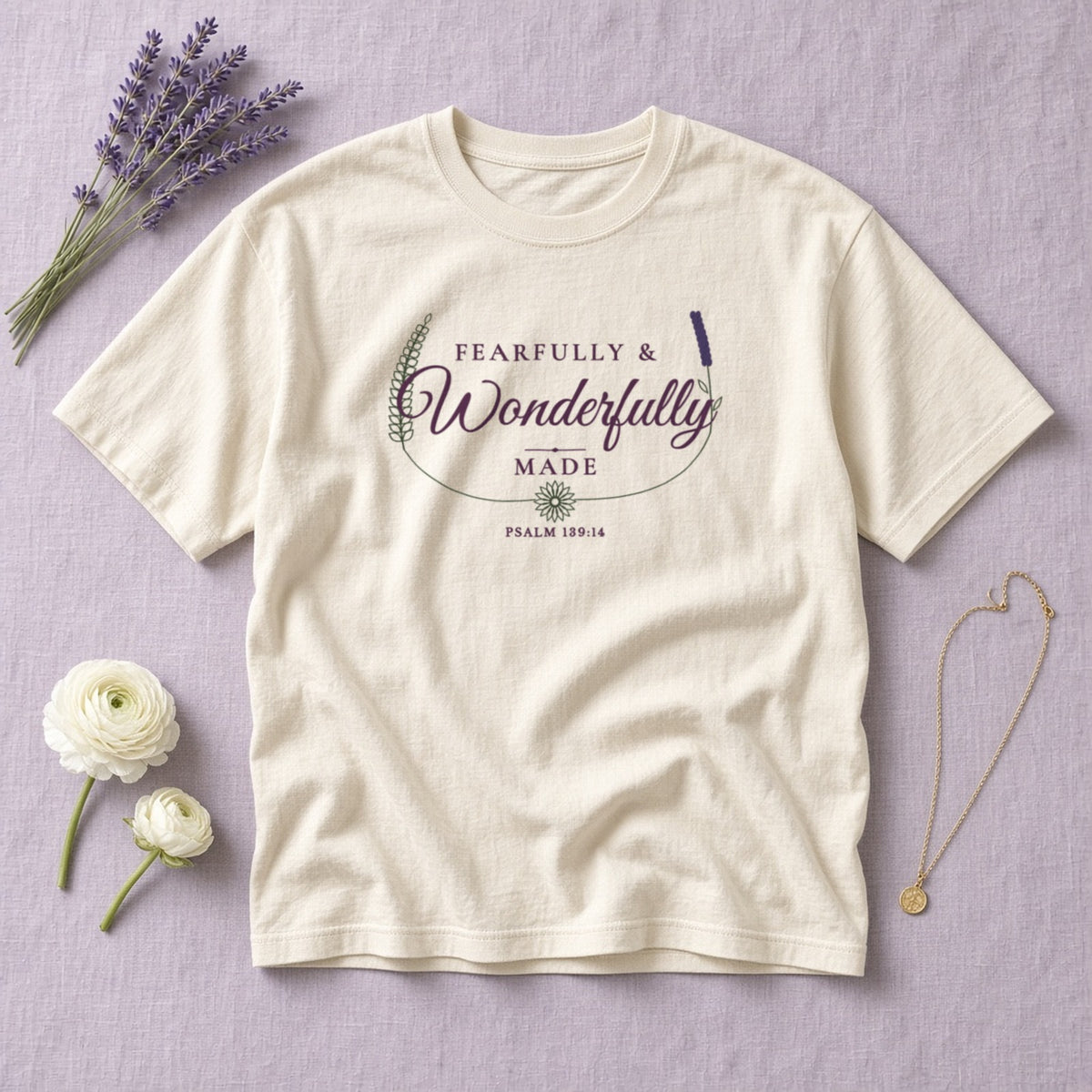 Fearfully & Wonderfully Made Psalm 139:14 ivory tee, flat lay