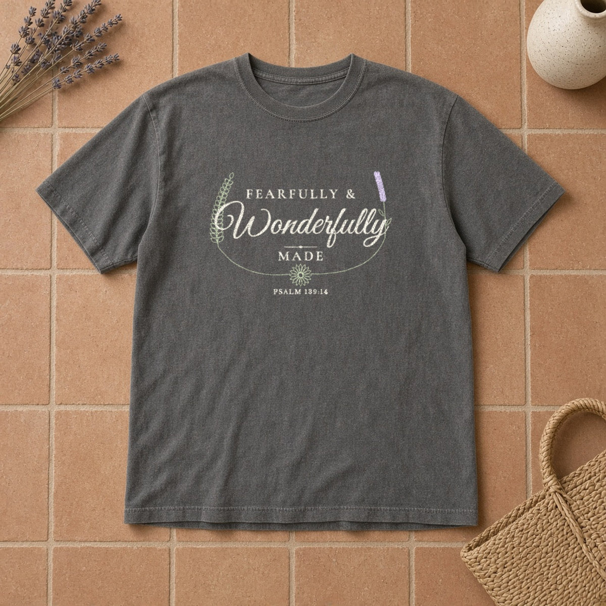 Fearfully & Wonderfully Made Psalm 139:14 pepper tee, flat lay