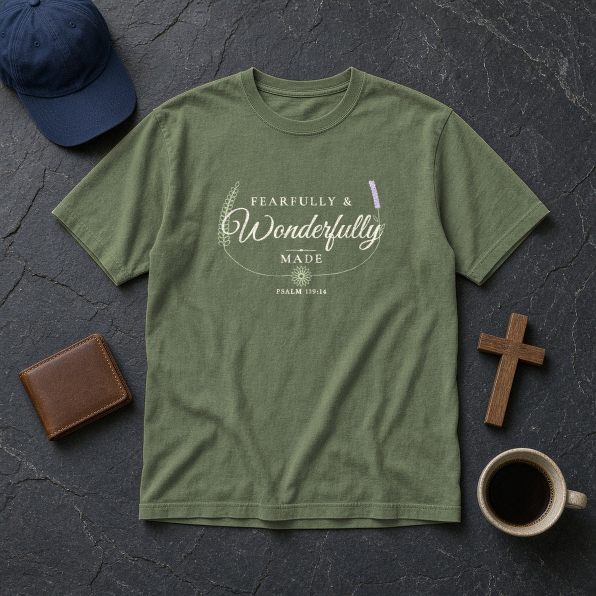 Fearfully & Wonderfully Made Psalm 139:14 sage tee, flat lay