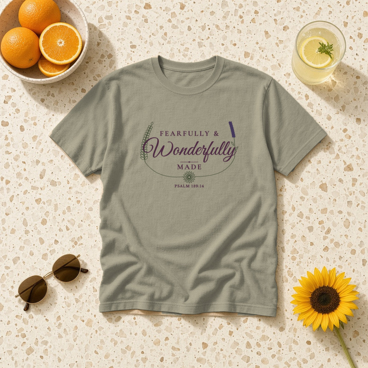 Fearfully & Wonderfully Made Psalm 139:14 sandstone tee, flat lay