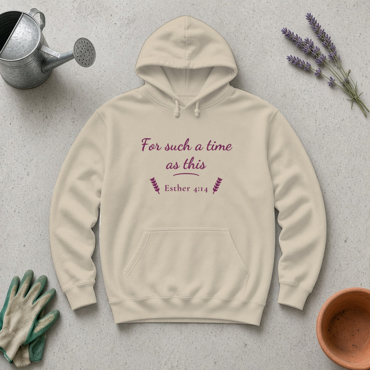 For Such a Time as This Esther 4:14 sand hoodie, flat lay