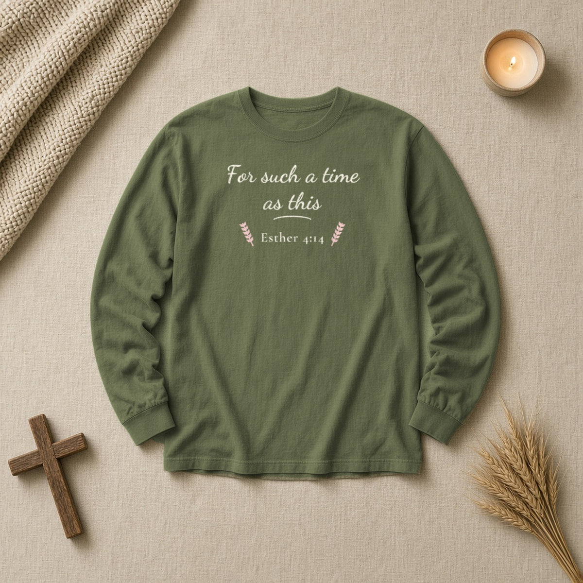 For Such a Time as This Esther 4:14 hemp long sleeve tee, flat lay