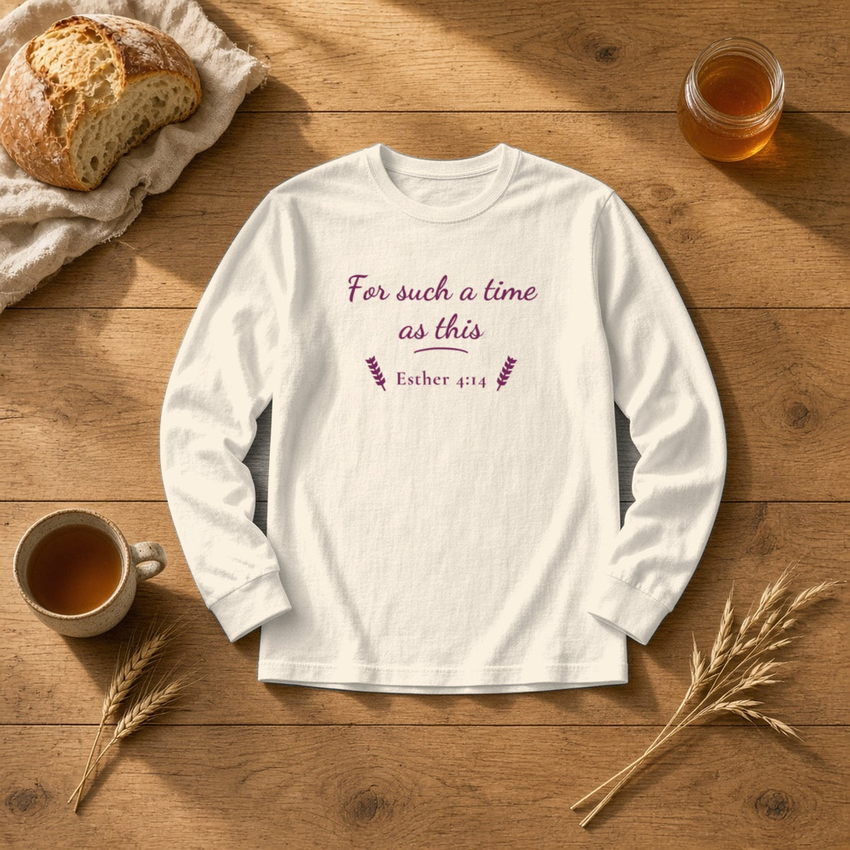 For Such a Time as This Esther 4:14 ivory long sleeve tee, flat lay