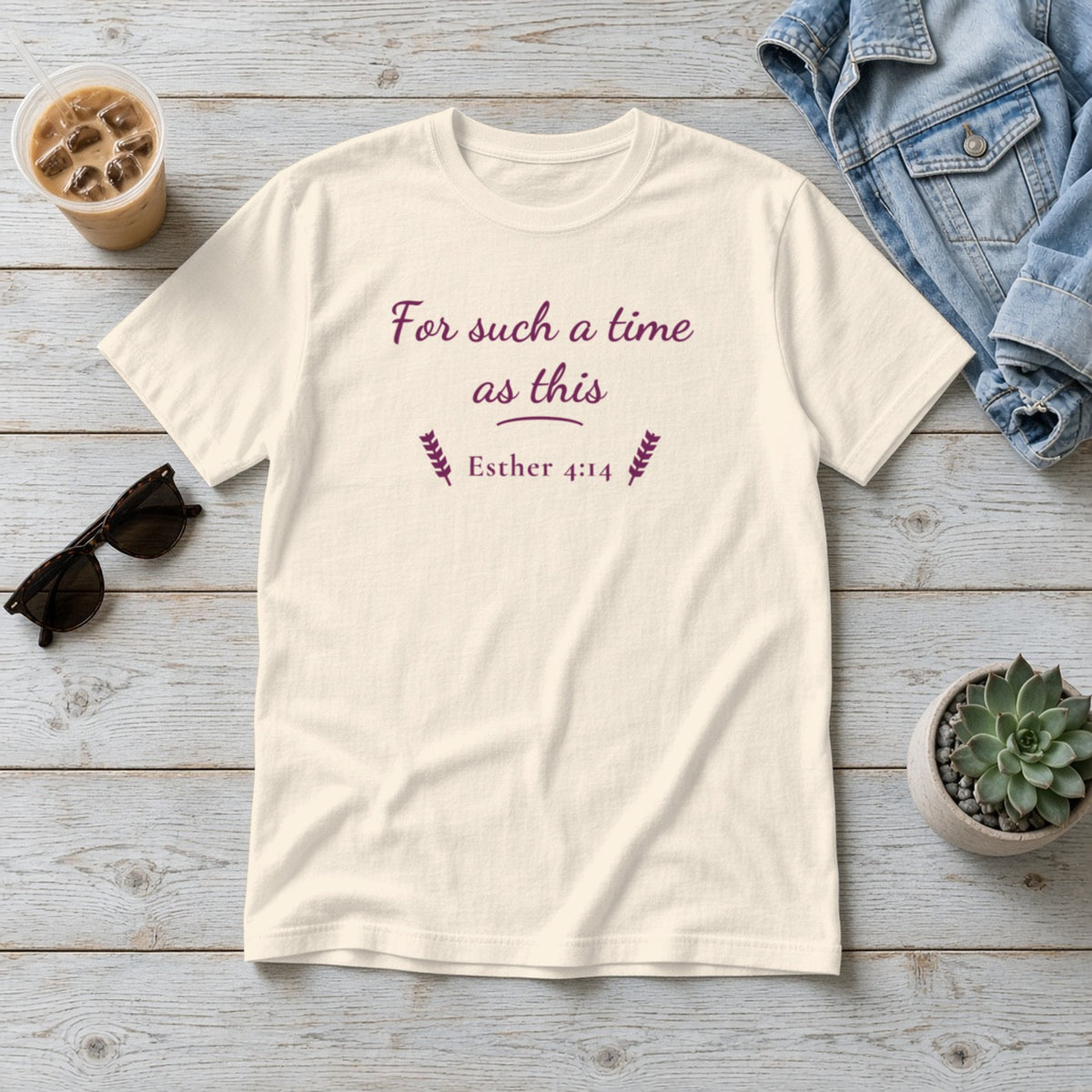 For Such a Time as This Esther 4:14 ivory tee, flat lay