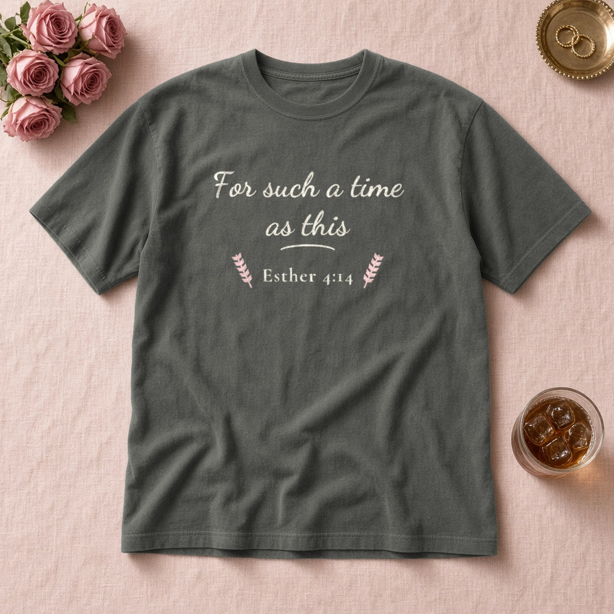 For Such a Time as This Esther 4:14 pepper tee, flat lay